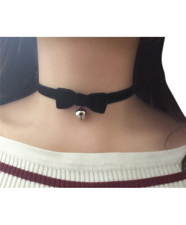 AnVei-Nao Vintage Lolita Cosplay Gothic Black Velvet Bow Bell Choker Necklace - Silver - CG12EOCXM3D