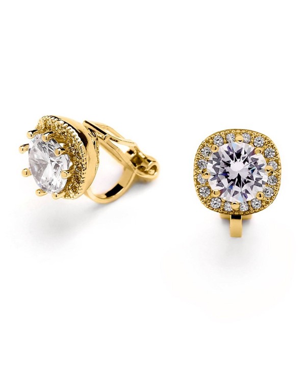 Mariell 14K Gold Plated Clip On CZ Stud Earrings - Cushion Shape 10mm Halo Round Cut Nonpierced Jewelry - CX17YXIELW5