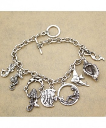 Retro Princess Ariel Mermaid Sea Horse Conch Charm Toggle Cuff Bangle ...