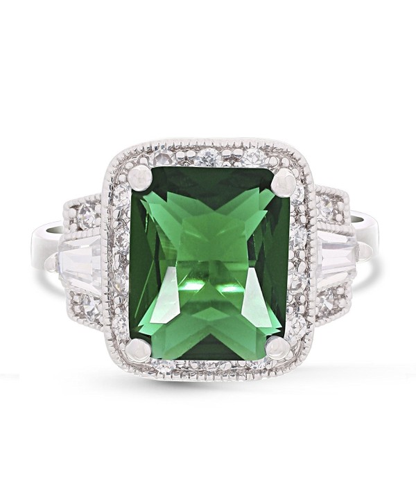 JanKuo Jewelry Rhodium Plated Emerald Cut Green Emerald Color Engagement Ring - CF117QJO53N