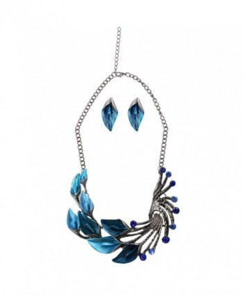 iNewcow Tibetan Silver Blue Peacock Crystal Earrings Necklace Set For Wedding Party - CS11TLR2XJL