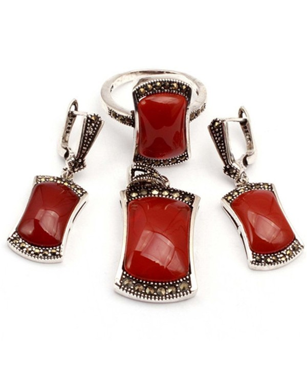 GEM-inside Semi Ruby Red Agate Antiqued Tibeten Silver Ring Earrings Pendant - All - C511WSC3ZF7
