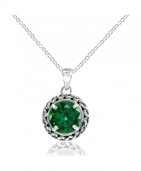 Sterling Silver Genuine- Simulated- or Created Gemstone Round Oxidized Rope Pendant Necklace - Simulated Emerald - CN187RKNR5R