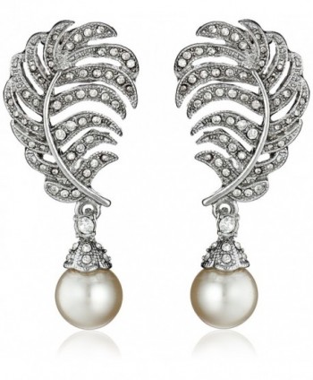 Kenneth Jay Lane Bride Simulated Pearl Crystal Leaf Post Dangle Drop Earrings - Silver/Cream - C811QGGJEV5