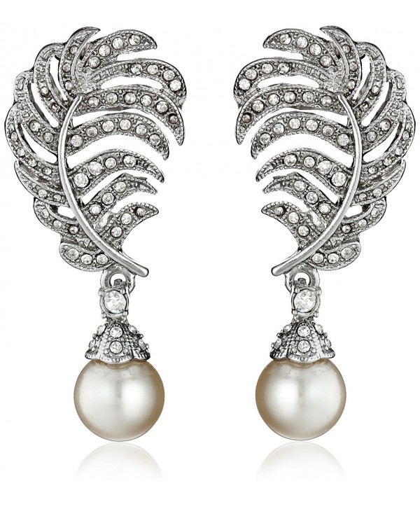 Kenneth Jay Lane Bride Simulated Pearl Crystal Leaf Post Dangle Drop Earrings - Silver/Cream - C811QGGJEV5