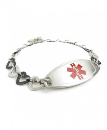 MyIDDr - Pre-Engraved & Customized Diabetes Type I Medical Alert Bracelet- Steel & Black Hearts - CN11KGV0JBP