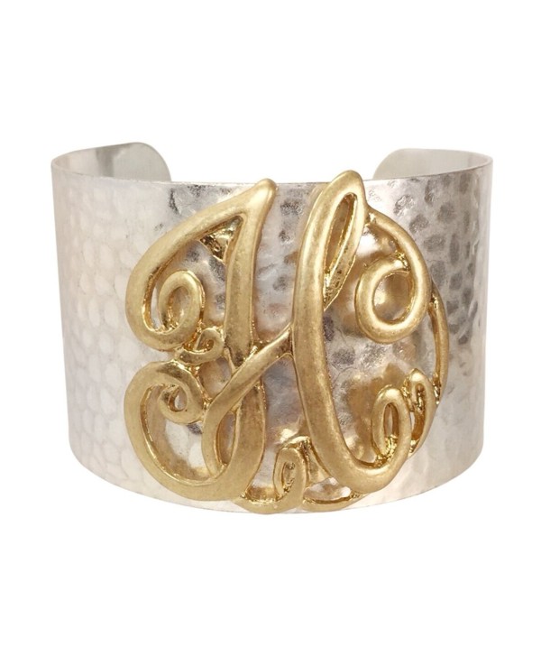 Wide 2 Tone Hammered Boutique Look Monogram Initial Cuff Bracelet - C612MNZDRHT