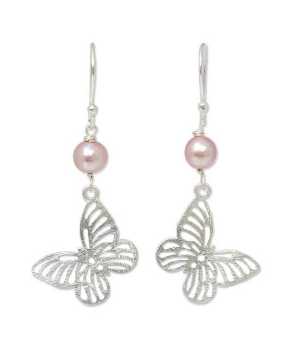 NOVICA Dyed Cultured Freshwater Pearl Sterling Silver Butterfly Dangle Earrings 'Butterfly Moons' - C211E4QB5J3