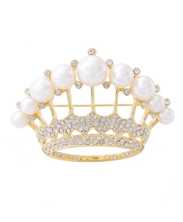 OBONNIE Large Gold Tone Crystal Queen Crown Pin Brooch With Pearl Wedding Bridal Pin - Pale Gold - CY12NZZH0Y8