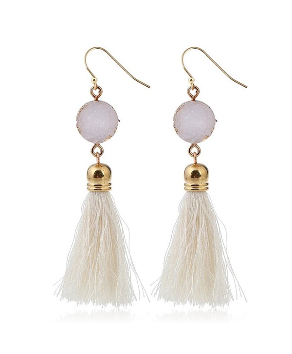 Women Statement Healing Crystal Gemstone Tassel Bohemian Colorful Drop Dangle Earrings - White - C11843A7KQI