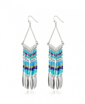 Bohemian V-shaped Colorful Beads Alloy Oval Tassel Drop Earrings - Silver - C812J44PLTJ