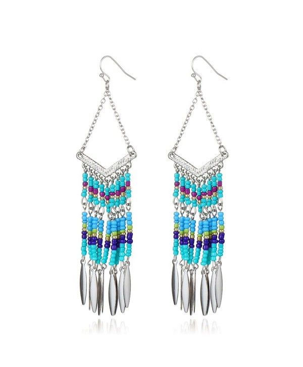 Bohemian V-shaped Colorful Beads Alloy Oval Tassel Drop Earrings - Silver - C812J44PLTJ