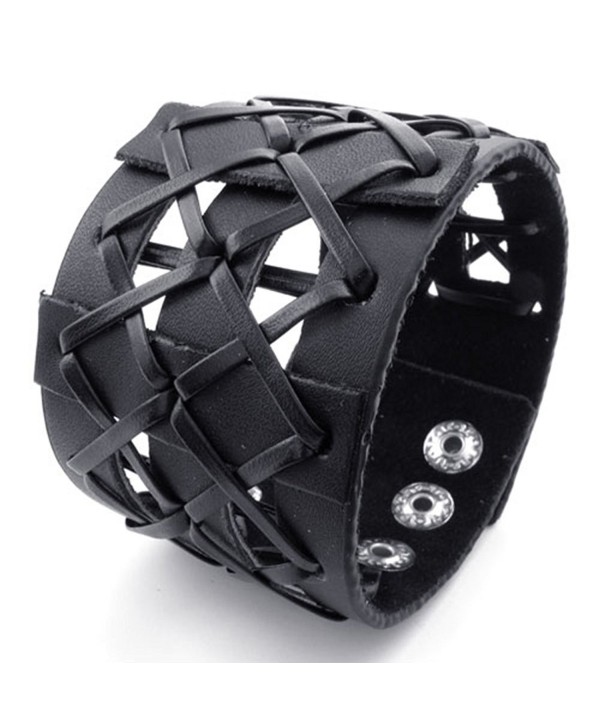TEMEGO Jewelry Mens Womens Leather Braided Bracelet- Wide Cuff Bangle- Fit 6.5-8 inch - black - CX11AGLS6BJ