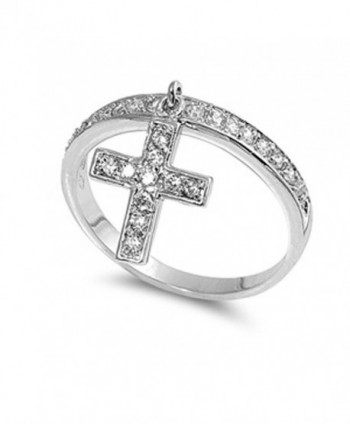 Sterling Silver Women's Clear CZ Dangle Cross Ring Cute Band 12mm Sizes 4-9 - CP11GP36VW9