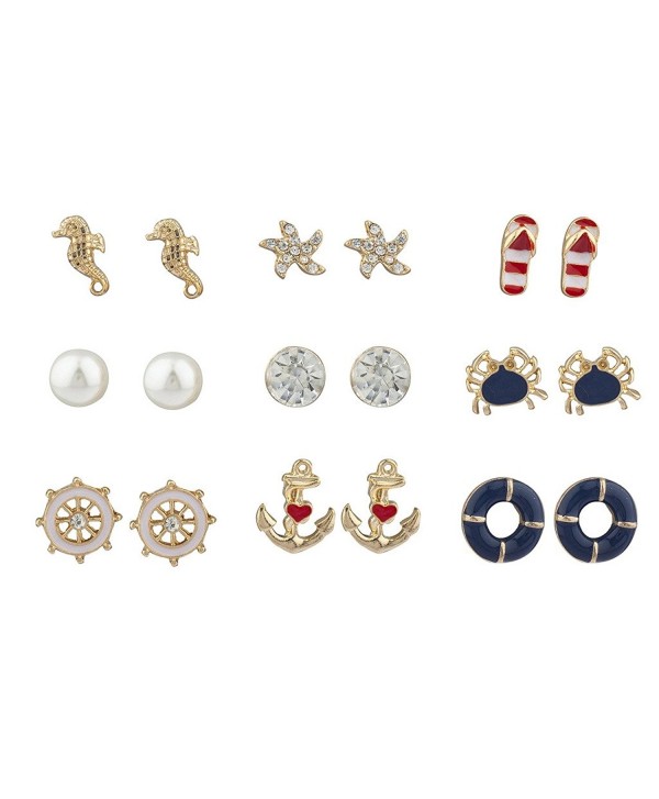 Lux Accessories Gold Tone Crystal Pearl Red White Blue Nautical Earring Set - C017YHLYN9R