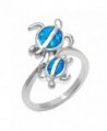 Twin Hawaiian Turtle Honu Silver Ring with Simulated Blue Opal - C5117KF3Y2V