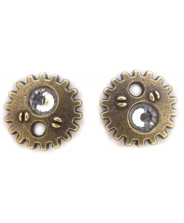 Bronze Gear earrings with Clear crystal steampunk gearrings stud post earrings - CY11WWLTXD7