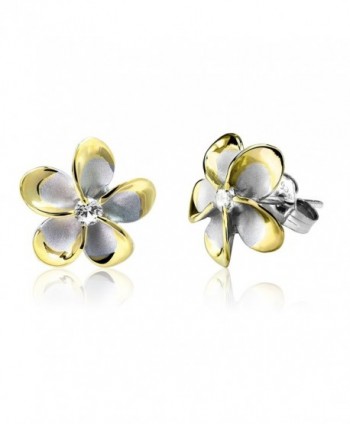 Sterling Silver with 14k Gold Plated Trim CZ Plumeria Stud Earrings- 12mm - CT1175T8ABV