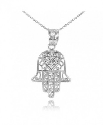 Fine 925 Sterling Silver CZ-Accented Heart Filigree-Style Hamsa Pendant Necklace - C011PTLU3VN