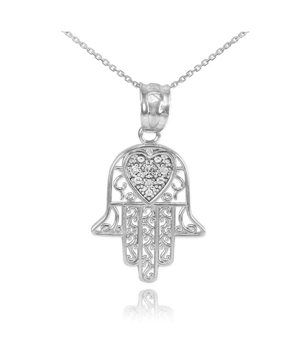 Fine 925 Sterling Silver CZ-Accented Heart Filigree-Style Hamsa Pendant Necklace - C011PTLU3VN