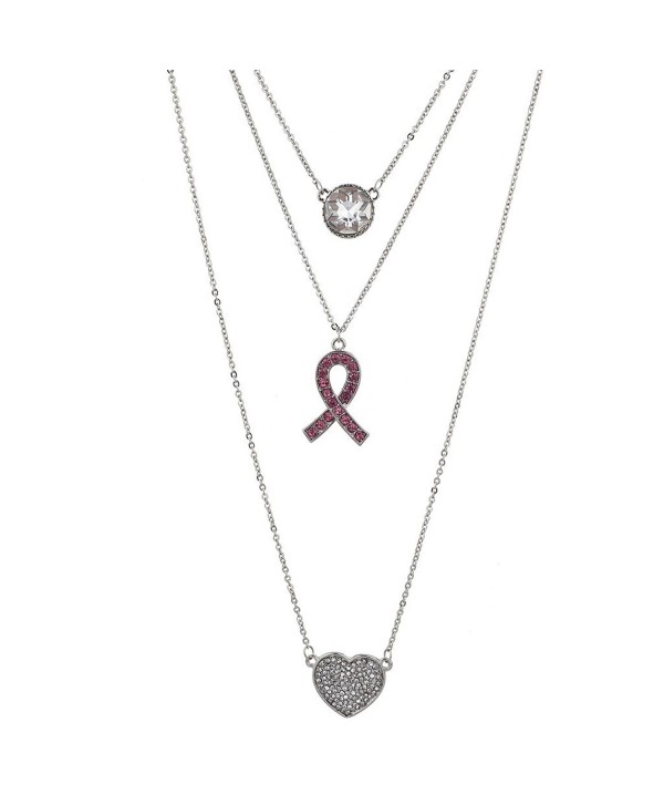 Lux Accessories Silvertone Crystal Pink Breast Cancer Awareness Layered Necklace - CR1878RXANK