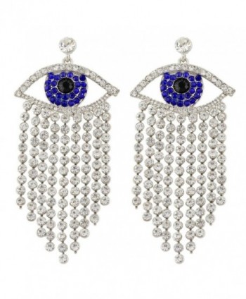 EVER FAITH Women's Austrian Crystal Evil Eye Tassel Curtain Chandelier Earrings Silver-Tone - Blue - CA11QKZNOTF