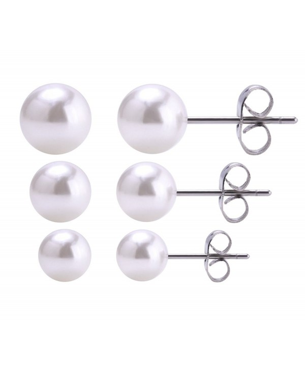 3 Pairs Sterling Silver Simulated Pearl Stud Earrings -Assorted Sizes ...