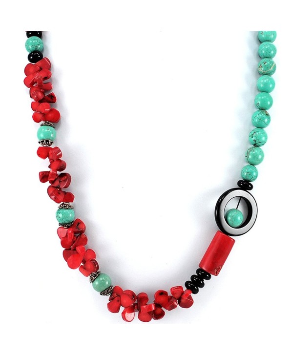 001 Ny6design Blue Magnesite Turquoise- Red Coral & Black Onyx Beads Long Necklace 30" N5040304e - CR1246414L1