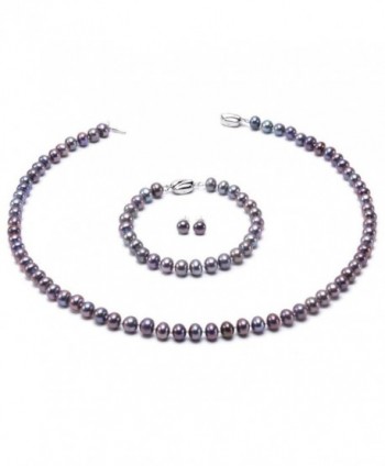 JYX Classic 7-8mm Dark-purple Cultured Freshwater Pearl Necklace Bracelet Earrings Jewelry Set - CM12OCLWX7Y