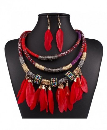 XY Fancy Feather Pendant Multi Layers Tribal Bib Necklace Statement Earring Jewelry Set - Red - CN12BISQZK3