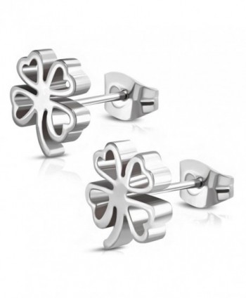 Stainless Steel Four Leaf Clover Shamrock Love Heart Cut-Out Stud Post Earrings - Silver - C1189ASAU2K