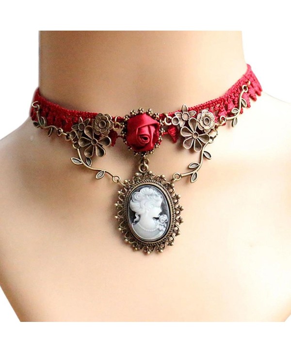 Womens Choker- FTXJ Novelty Cameo Red Rose Lace Fashion Pendant Necklace Jewelry - CC12N2KDVI3
